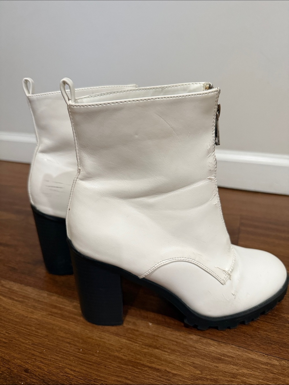 Forever 21 White Leather-Look Ankle Boots with Black Block Heel